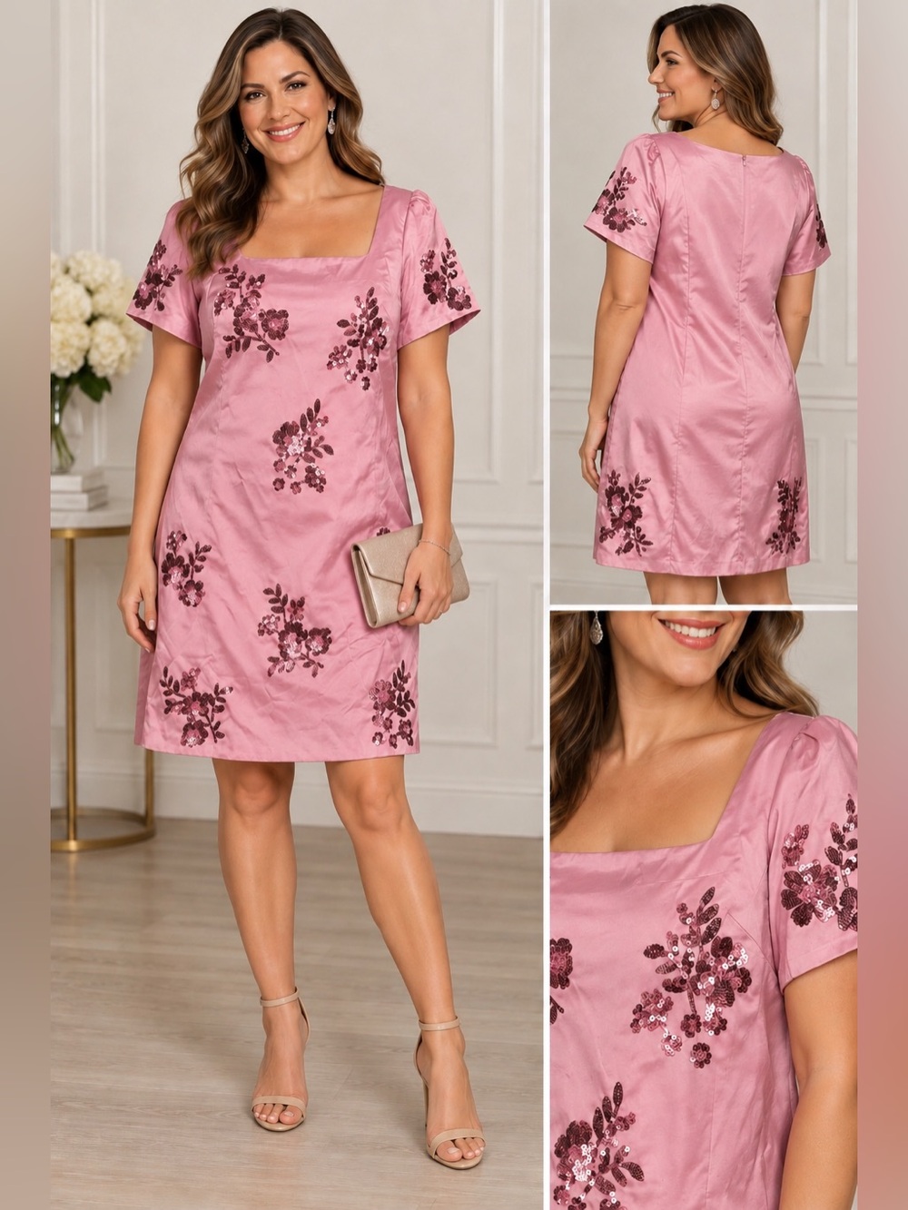 Pink Satin Floral Sequin Embellished Dress Square Neck Party Dress EU 40 / US 10
